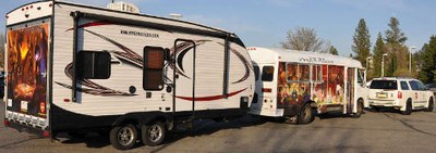 Photo of The RPG Fleet / Convoy: Wheelchair Friendly RPG Trailer prototype, Wheelchair accessible RPG Bus, and command staff RPG SUV, 2018.